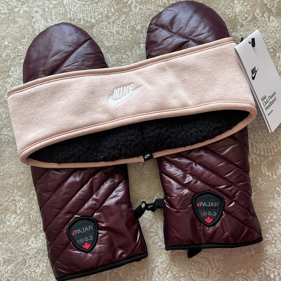 NWT Nike Club Fleece Pink Headband & NWOT Pajar 1963 Canada Burgundy Mittens Set - Picture 3 of 13